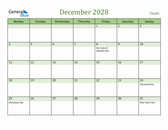 December 2028 Calendar with Guam Holidays