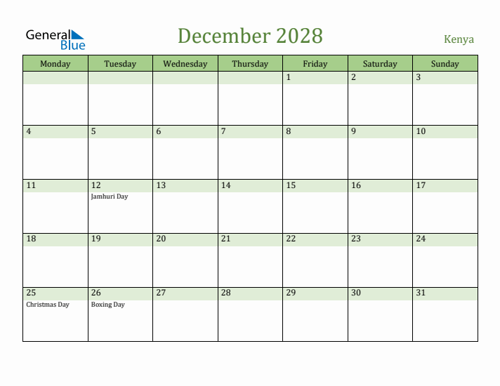 December 2028 Calendar with Kenya Holidays