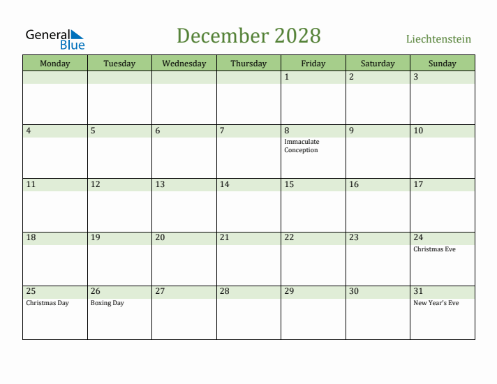 December 2028 Calendar with Liechtenstein Holidays
