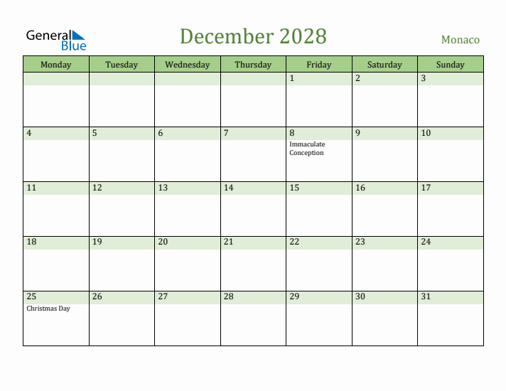 December 2028 Calendar with Monaco Holidays