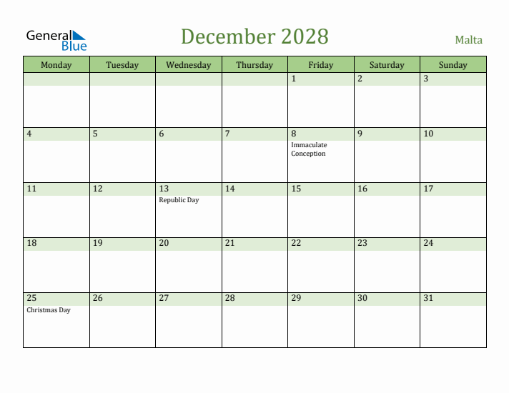 December 2028 Calendar with Malta Holidays