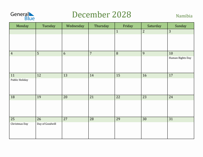 December 2028 Calendar with Namibia Holidays