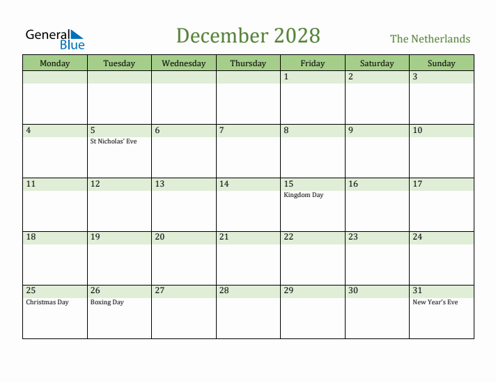 December 2028 Calendar with The Netherlands Holidays