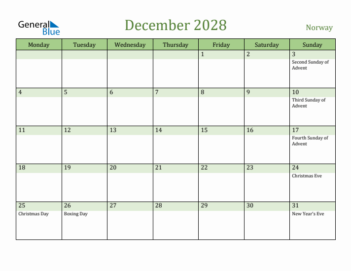 December 2028 Calendar with Norway Holidays