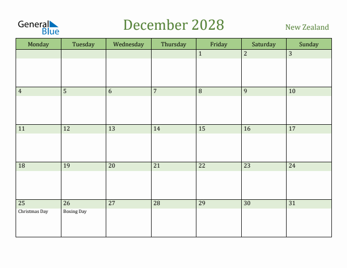 December 2028 Calendar with New Zealand Holidays