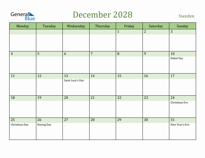 December 2028 Calendar with Sweden Holidays