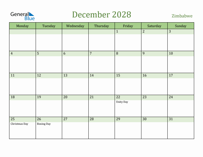 December 2028 Calendar with Zimbabwe Holidays