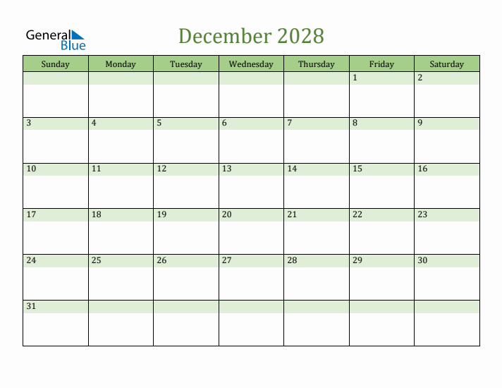 December 2028 Calendar with Sunday Start