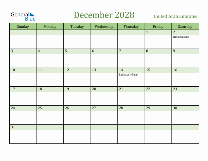 December 2028 Calendar with United Arab Emirates Holidays