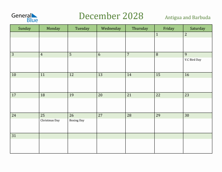 December 2028 Calendar with Antigua and Barbuda Holidays