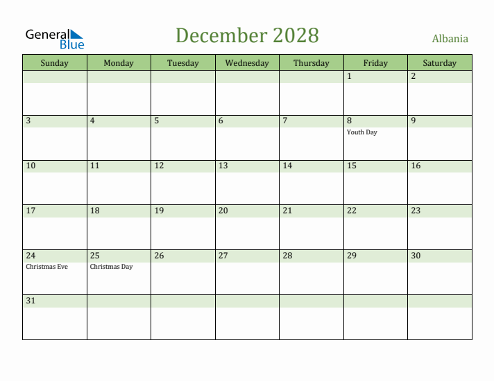 December 2028 Calendar with Albania Holidays