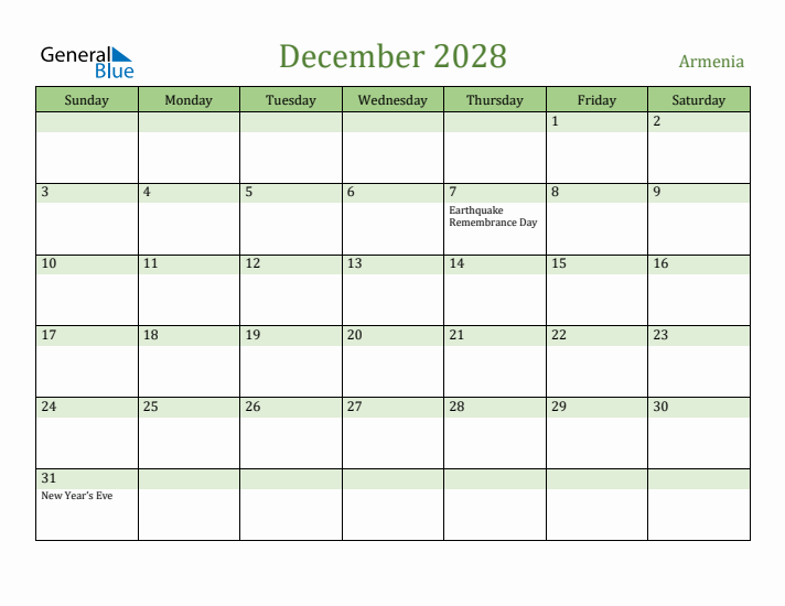 December 2028 Calendar with Armenia Holidays