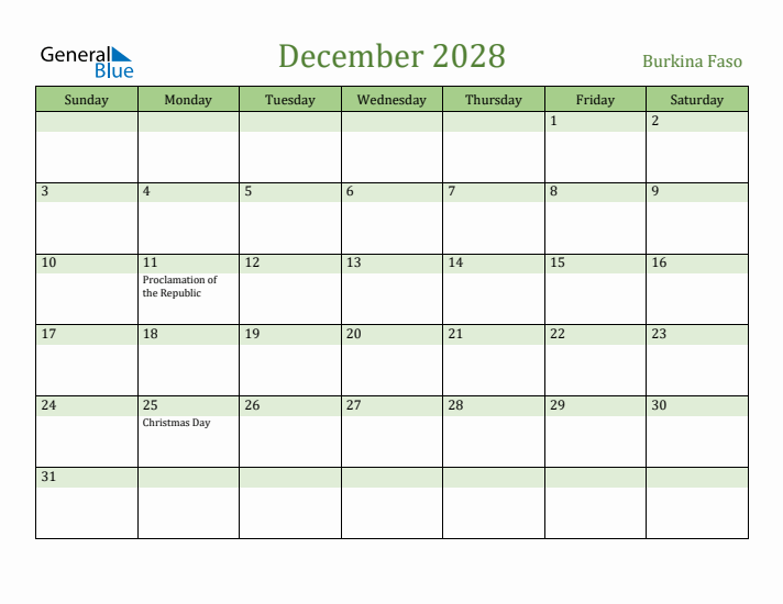 December 2028 Calendar with Burkina Faso Holidays