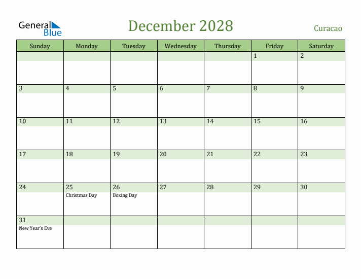 December 2028 Calendar with Curacao Holidays