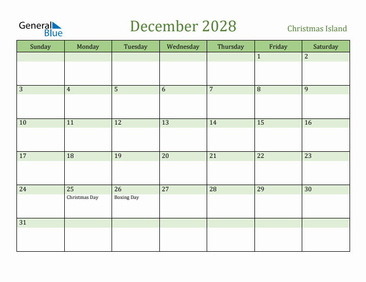 December 2028 Calendar with Christmas Island Holidays