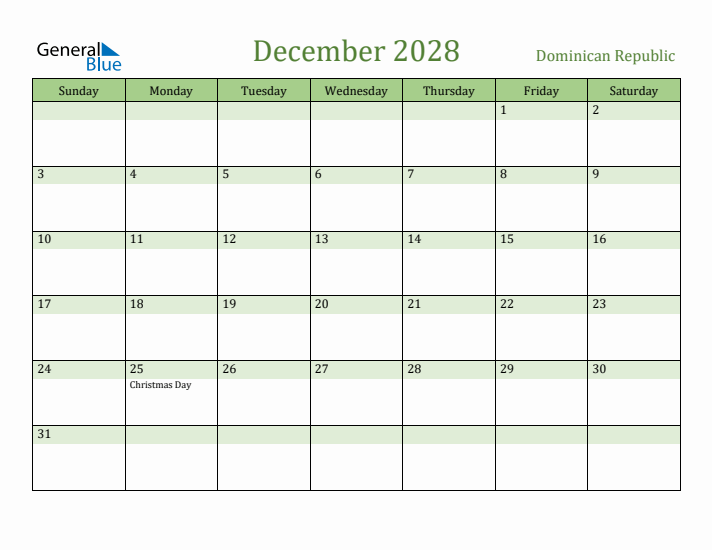 December 2028 Calendar with Dominican Republic Holidays