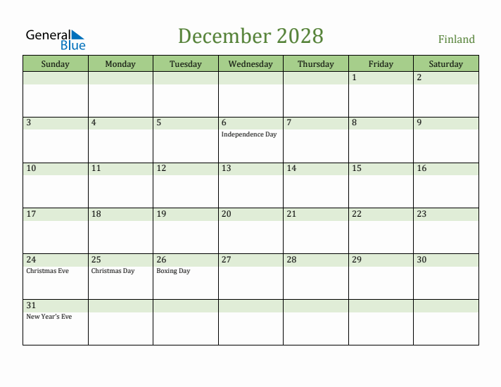 December 2028 Calendar with Finland Holidays
