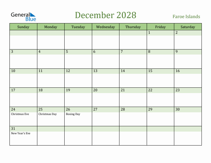 December 2028 Calendar with Faroe Islands Holidays
