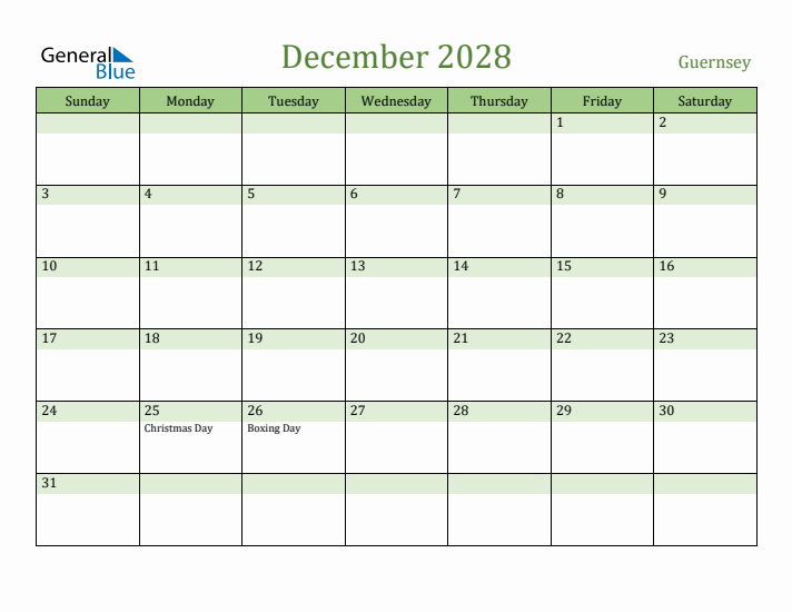 December 2028 Calendar with Guernsey Holidays