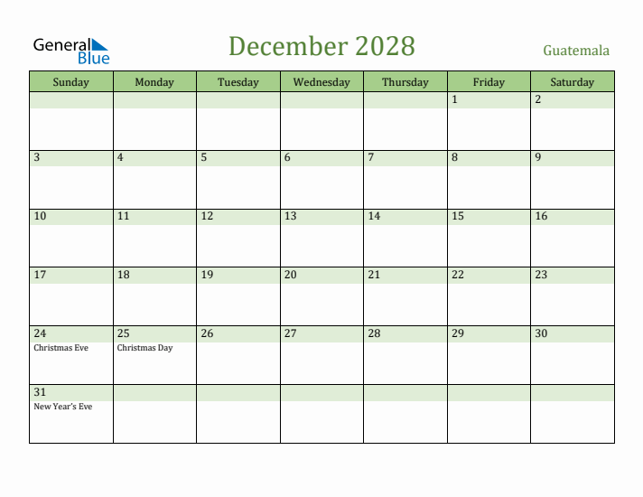 December 2028 Calendar with Guatemala Holidays