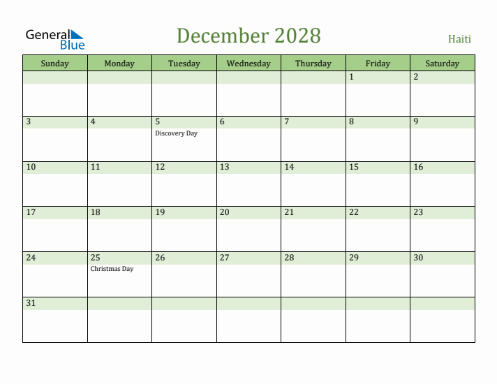 December 2028 Calendar with Haiti Holidays