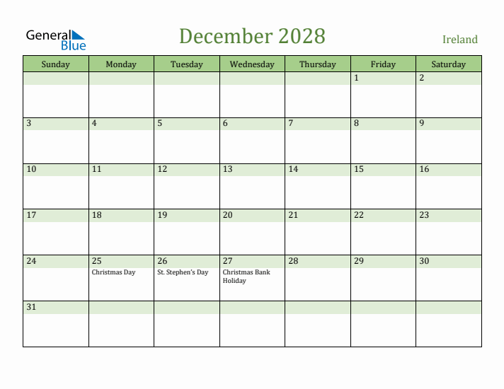December 2028 Calendar with Ireland Holidays