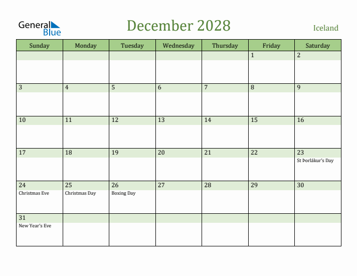 December 2028 Calendar with Iceland Holidays