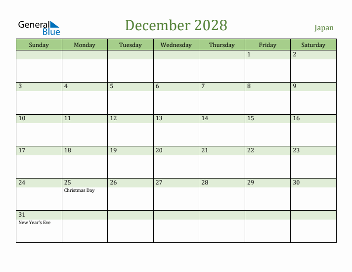 December 2028 Calendar with Japan Holidays