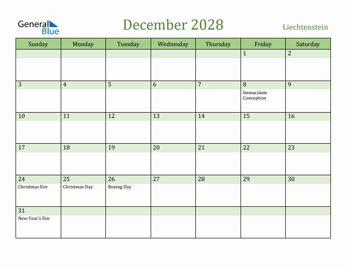 December 2028 Calendar with Liechtenstein Holidays