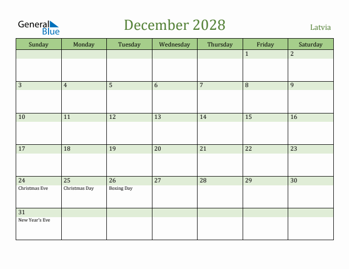 December 2028 Calendar with Latvia Holidays