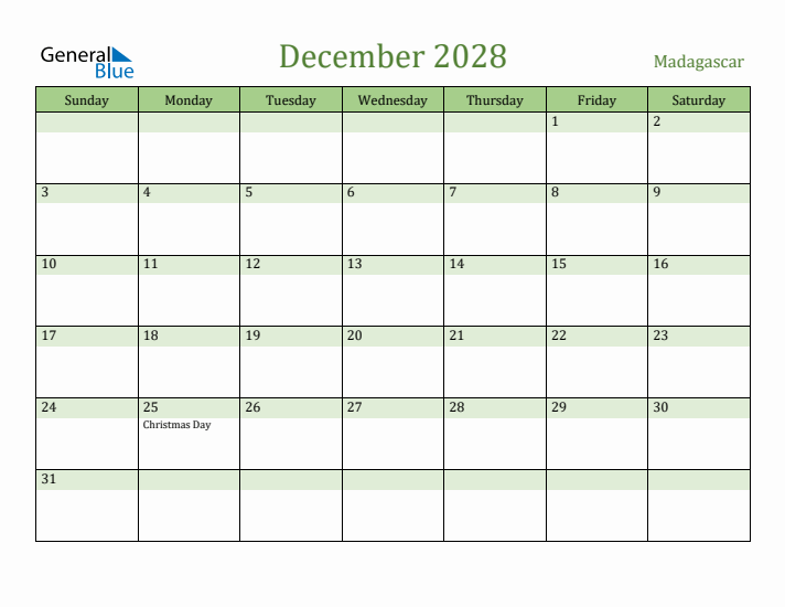 December 2028 Calendar with Madagascar Holidays