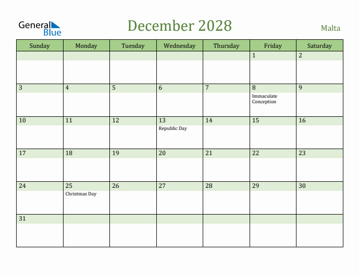 December 2028 Calendar with Malta Holidays