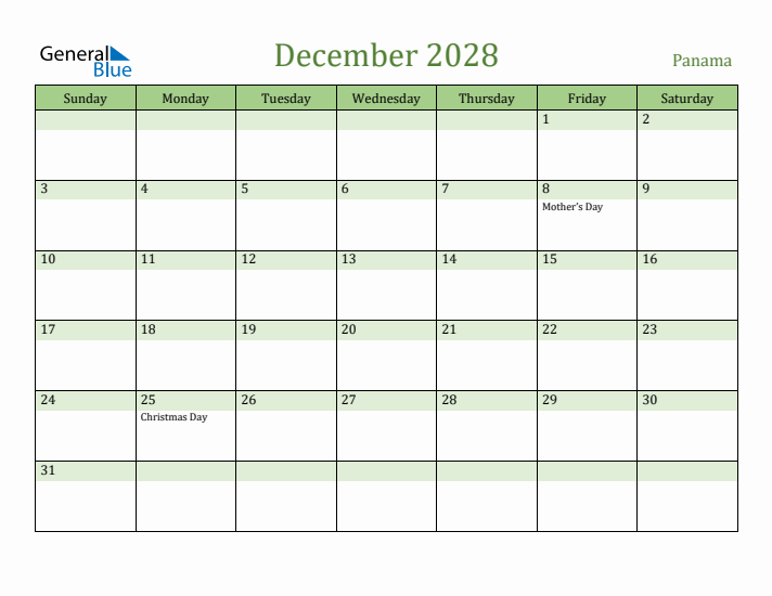 December 2028 Calendar with Panama Holidays