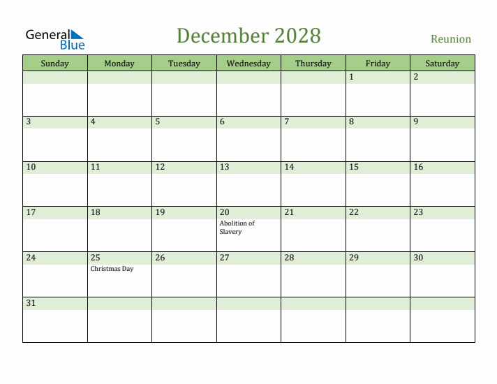 December 2028 Calendar with Reunion Holidays