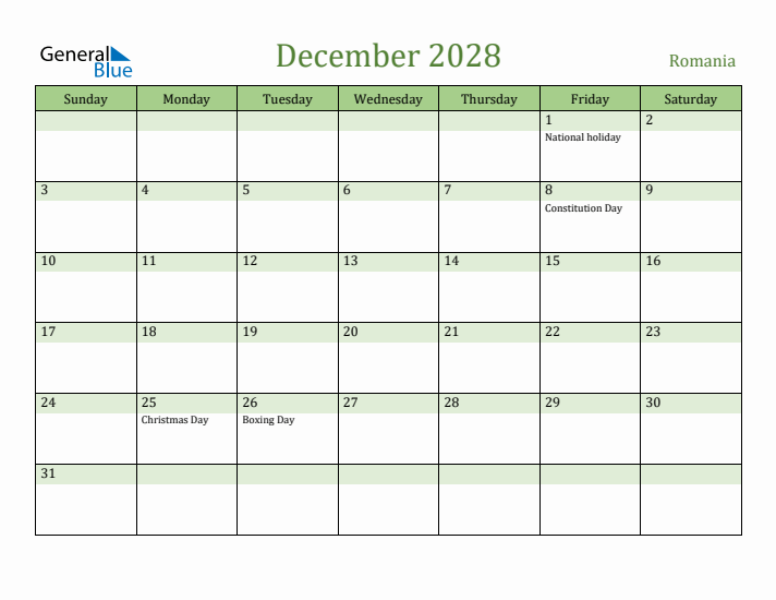 December 2028 Calendar with Romania Holidays
