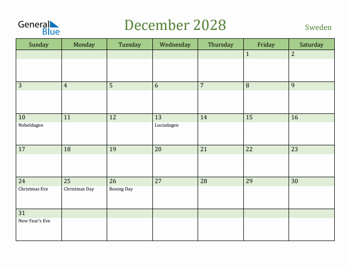 December 2028 Calendar with Sweden Holidays