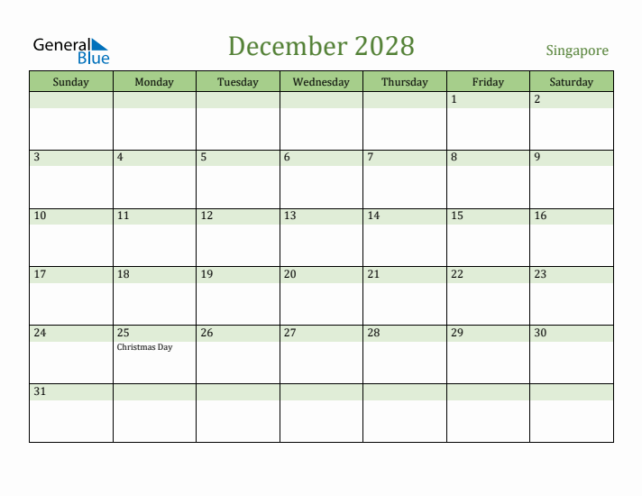 December 2028 Calendar with Singapore Holidays
