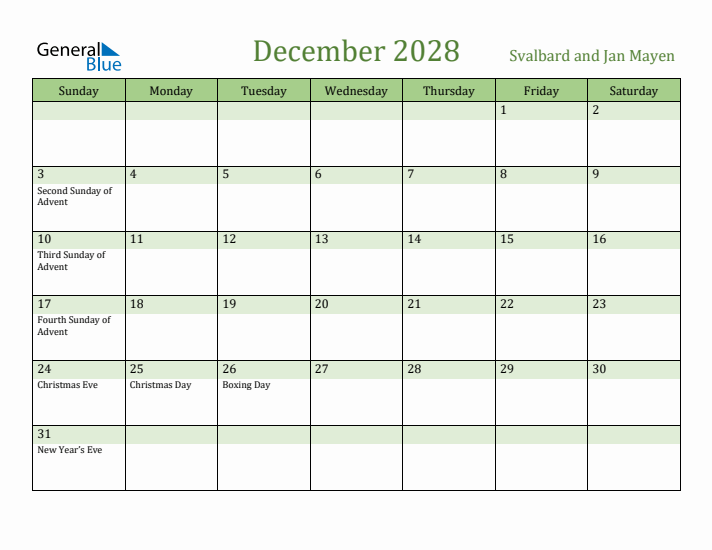 December 2028 Calendar with Svalbard and Jan Mayen Holidays