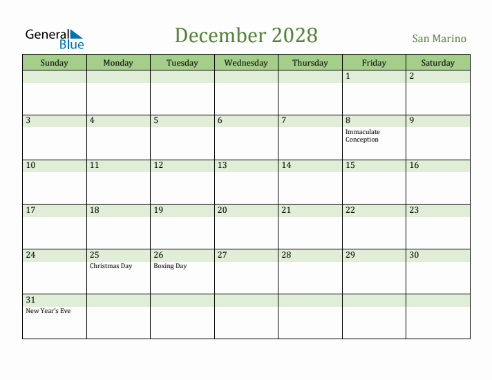 December 2028 Calendar with San Marino Holidays