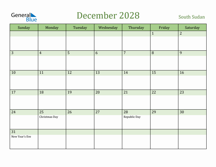 December 2028 Calendar with South Sudan Holidays