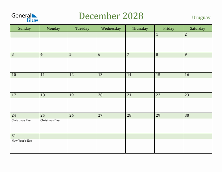 December 2028 Calendar with Uruguay Holidays