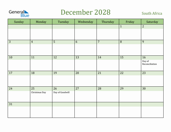 December 2028 Calendar with South Africa Holidays