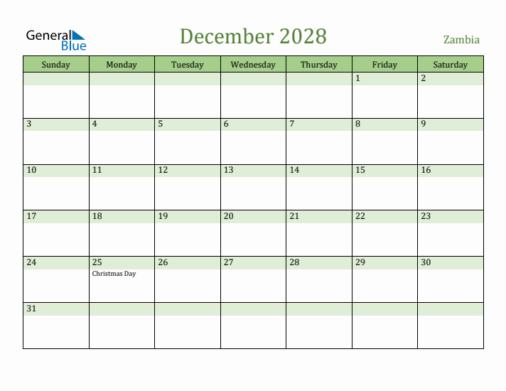 December 2028 Calendar with Zambia Holidays