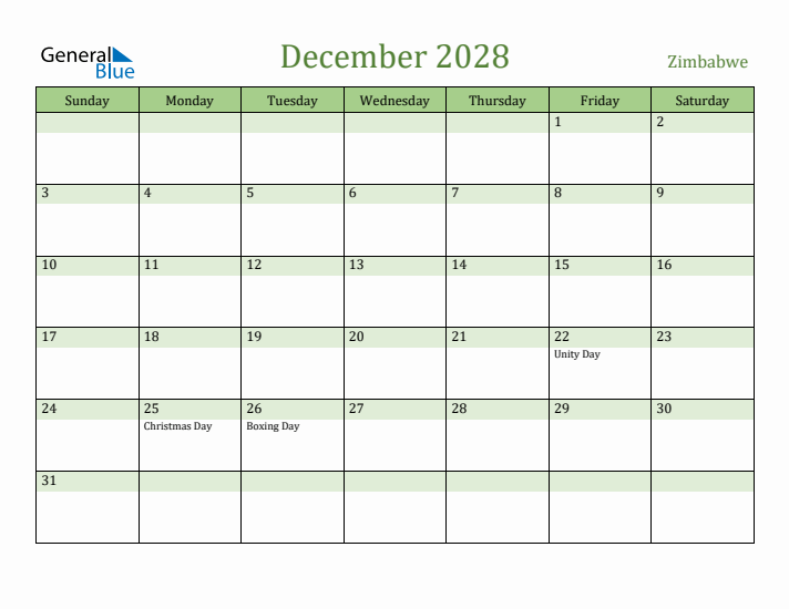 December 2028 Calendar with Zimbabwe Holidays