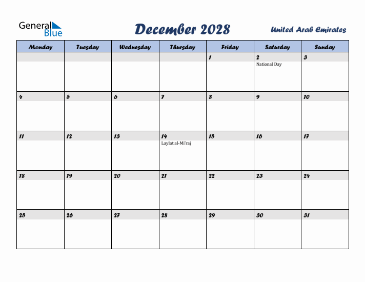 December 2028 Calendar with Holidays in United Arab Emirates