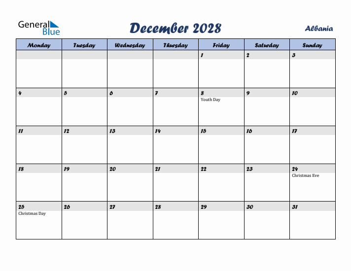 December 2028 Calendar with Holidays in Albania