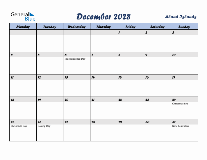 December 2028 Calendar with Holidays in Aland Islands