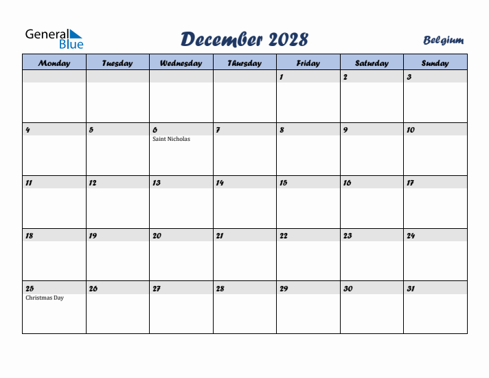 December 2028 Calendar with Holidays in Belgium