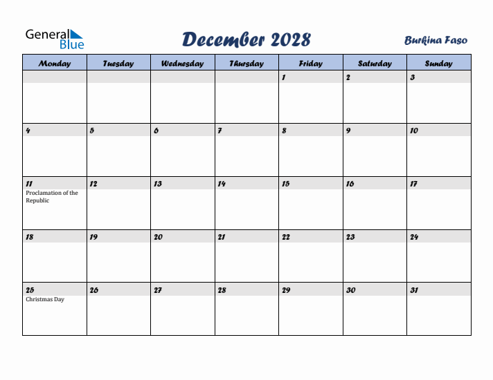 December 2028 Calendar with Holidays in Burkina Faso