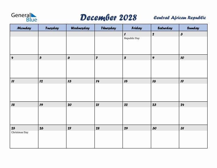 December 2028 Calendar with Holidays in Central African Republic